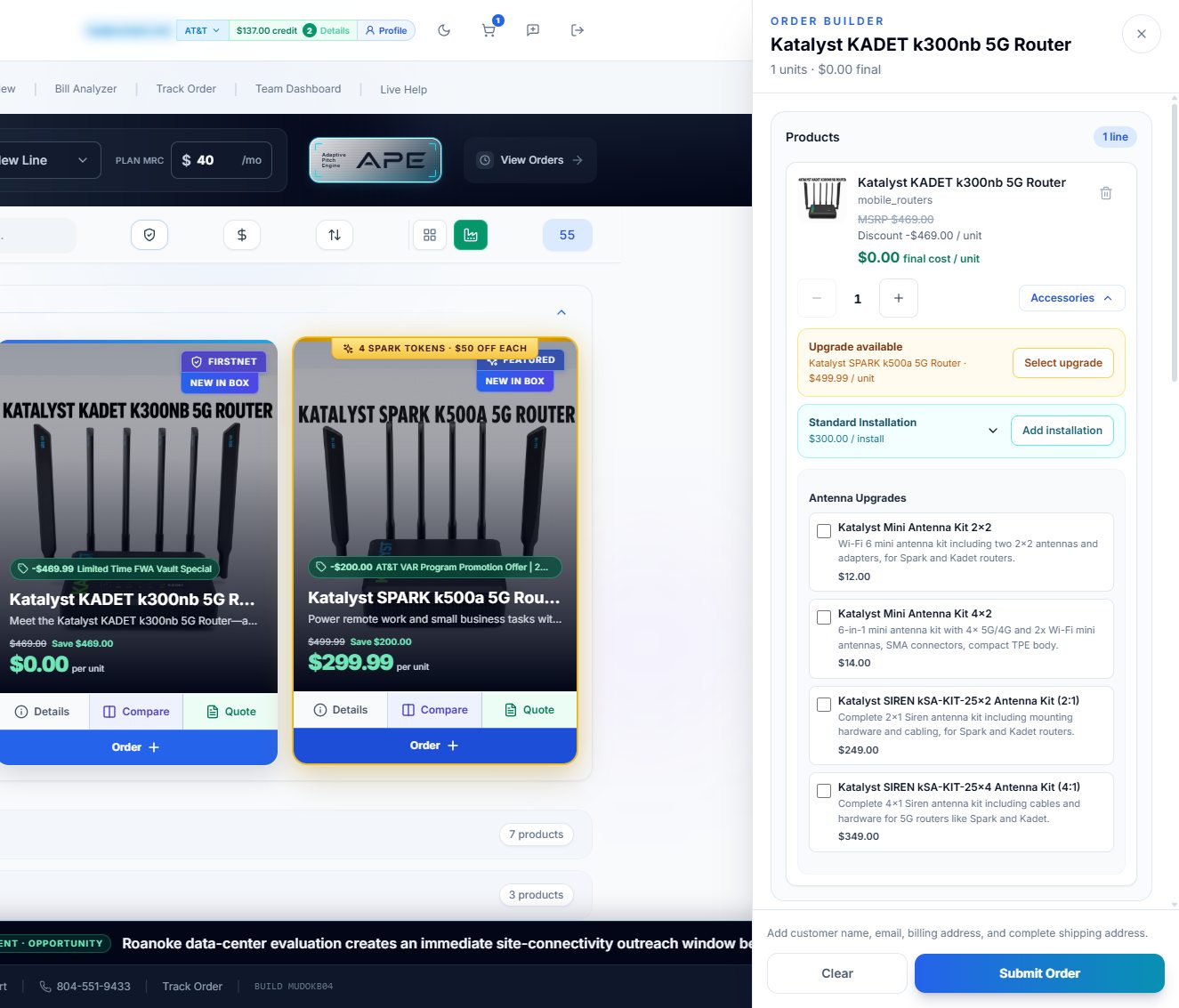 Order builder with a discounted router, upgrades, and add-ons